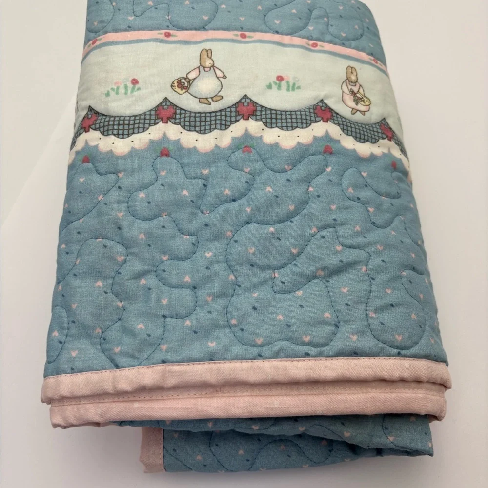 Adorable Pink and Baby Blue Quilted Bunny Trim Baby Blanket